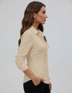 Women's Beige Classic Button Down <b>Shirt</b> Full Sleeve Poplin Cotton Turn-Down Collar Regular Fit <b>Office</b> Wear - Product Image 2
