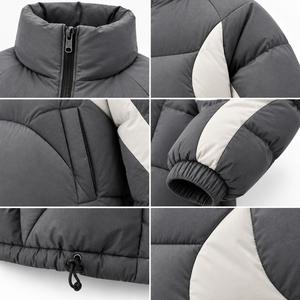 Blouson matelassé unisexe gris à col montant, fermeture éclair, coupe-vent, en polyester épais, décontracté pour l'hiver, coupe ample, design color block - Product Image 3