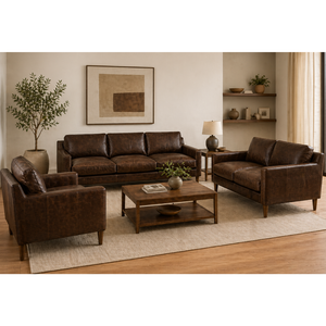 Mid Century Modern Leather <b>Sofa</b> Set 3 Seater 2 Seater Armchair Vintage Brown Leather Couch Living Room Furniture Set - Product Image 1