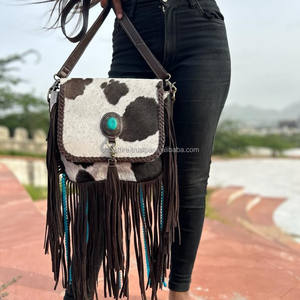 Nuevo estilo occidental pelo en piel oculta cuentas de cuero bolso con flecos alta calidad Boho mujeres cuero turquesa piedra tamaño Ideal bolso - Product Image 2