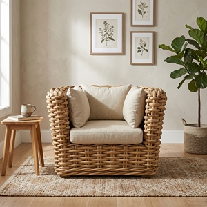 Sillón Surabaya con Estructura de Madera de Caoba, Media Silla de Ratán Pulido, Cojines Color Crema Dhapnie, Muebles de Exterior Premium para Patio - Product Image 3
