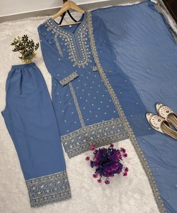 Women Blue Salwar Kameez <b>Set</b> With Dupatta Traditional Ethnic Wear Casual Style Regular Fit India Pakistan Fashion 81038 AC-7084 - Product Image 3