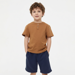Boys Short Sleeve Cotton <b>Henley</b> T-<b>Shirt</b> Solid Color Casual Polo Top Brown Navy Blue Shorts White Shoes Set made in Bangladesh - Product Image 3