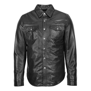 Men's Black Leather Look Long Sleeve <b>Button</b> Down <b>Shirt</b> Solid Color leather Moto Style Turn-down Collar - Product Image 1