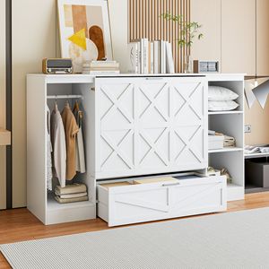 Lit Murphy double blanc avec étagères pratiques au chevet et armoire intégrée - Product Image 1