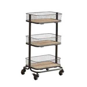 Chariot de rangement mobile à 3 niveaux en fil métallique avec base en bois, étagère utilitaire pour cuisine et salon - Product Image 1