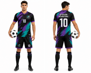 ชุดเสื้อฟุตบอลและกางเกงขาสั้นสีดำม่วงเขียวแบบซับลิเมชั่น ระบายอากาศได้ดี ผลิตจากโพลีเอสเตอร์ ชุดยูนิฟอร์มทีมฟุตบอล ชุดกีฬา - Product Image 3