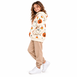 Sudadera con capucha de invierno para niñas, color crema, con estampado de fantasma, calabaza y dulces de Halloween, de forro polar, con bolsillo canguro, de secado rápido - Product Image 5