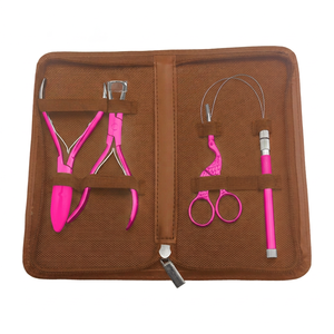 Kit d'outils pour extensions de cheveux TEEJAY en acier, 4 pièces, pinces bleues, ciseaux, aiguille à crochet, avec étui à fermeture éclair en PU marron pour usage domestique - Product Image 3