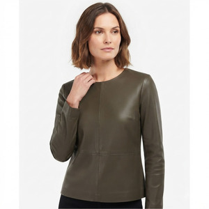 Camiseta de Cuero Genuino para Mujer, Formal, Premium, de Manga Larga, Cuello Redondo, con Logotipo Personalizado, Color Sólido - Product Image 1