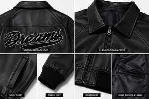 Veste en simili cuir noir pour homme, col rabattu, fermeture éclair, coupe classique, design avec patch imprimé lettres - Product Image 4