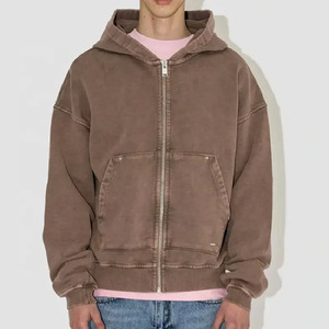 Sweat-shirt zippé à capuche oversize pour homme, couleur unie, en coton French Terry, style décontracté pour l'automne, effet délavé vintage. - Product Image 1