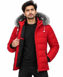 Men's American Red High Quality Puffer <b>Jacket</b> Winter <b>Hooded</b> Coat with <b>Fur</b> Trim Thick Windproof Zip up Outerwear - Product Image 6