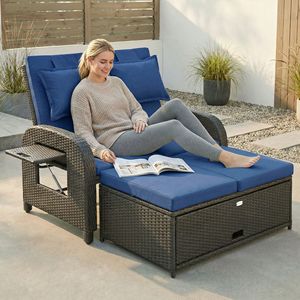 Sofá Cama de Ratán Azul Marino para Patio con Respaldo Ajustable, Otomana de Almacenamiento, Muebles de Mimbre para Exteriores con Mesas Auxiliares - Product Image 2