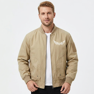 Chaqueta Caqui para Hombre, Color Sólido, Cuello Alto, Cierre de Cremallera Frontal, Diseño con Parche de Logotipo en las Alas, Ropa Casual de Otoño - Product Image 2