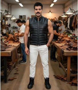 <b>Men</b> <b>Black</b> Quilted Puffer Genuine Leather <b>Vest</b> Winter Waistcoat <b>Black</b> <b>Men's</b> Quilted Puffer Leather <b>Vest</b> - Product Image 6