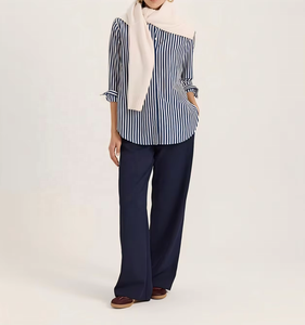 Blusa Clásica de Lino a Rayas para Mujer, Estilo Veraniego, Sin Tejido, con Mangas 3/4 Enrollables y Botones - Product Image 5