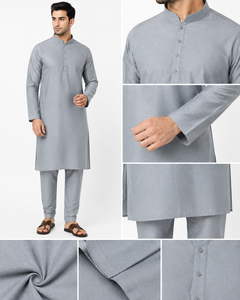 Custom <b>Men</b> Grey <b>Kurta</b> Pajama Set Ethnic Long <b>Kurta</b> Mandarin Collar Wedding Party Outfit Festival Traditional Dress - Product Image 4