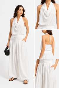 Combinaison ample en coton blanc uni pour femme, col halter sans manches avec pantalon large – Vente en gros - Product Image 6