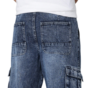 Pantalon cargo en jean bleu pour homme, taille mi-haute, coupe ample, délavage enzymatique, multi-poches, décontracté, respirant, séchage rapide - Product Image 4