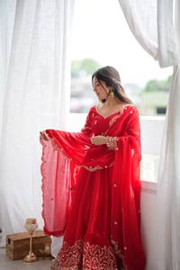 Robe Anarkali traditionnelle indienne et pakistanaise pour femmes, brodée de rouge, longue jusqu'au sol, avec dupatta, coupe ample, robe de mariage - Product Image 2