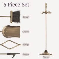 Ensemble d'outils de cheminée en laiton antique 5 pièces, robuste, en fer forgé avec support, kit d'accessoires pour foyer intérieur/extérieur