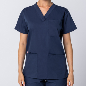 Women's Navy Blue Medical <b>Scrub</b> <b>Top</b> V Neck Short Sleeve Nursing Uniform Healthcare Workwear with Multi Pockets OEM ODM - Product Image 1
