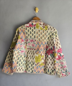 Floral <b>Quilted</b> Jacket Women's Mandarin Collar Cotton Full Sleeve Spring Patch Pocket <b>Single</b> Button XL gift for her - Product Image 6