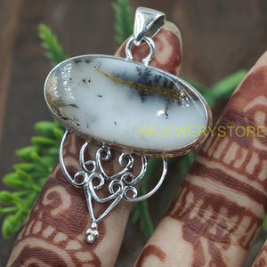 Pendentif ovale en opale dendritique naturelle, argent sterling 925, fait main, bijoux vintage en filigrane, opale dendritique blanche, pendentif statement - Product Image 6