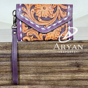 Cartera de Mano Mini de Cuero Vacuno Genuino de Lujo para Mujer, con Diseño Floral, Estilo Western, Tarjetero, Protección RFID, para Viaje - Product Image 1