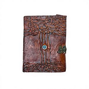 Carnet de voyage vintage en cuir marron fait main avec logo personnalisé, motif Arbre de Vie en relief, idéal pour collectionneurs et souvenirs touristiques - Product Image 2