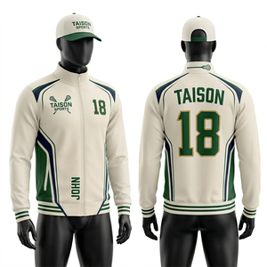 Veste d'entraînement de lacrosse pour homme, tissu interlock polyester premium 260 GSM, design à empiècements crème, vert et bleu marine, fermeture éclair, broderie thermocollée - Product Image 1