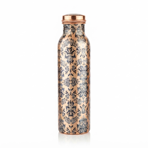 Handmade Copper Water <b>Bottle</b> with Vintage Blue Floral Design, Leakproof Screw Lid, Reusable Ayurvedic Hydration Flask for Gift - Product Image 1
