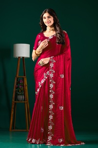 Vexotrend Indian Designer Women's Velvet Satin <b>Saree</b> Beautiful Patola Design Traditional Style Wedding Diwali Party Wear Wrinkle - Product Image 4