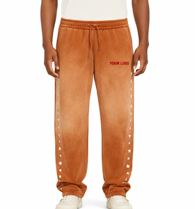 Pantalones Deportivos de Algodón con Lavado Ácido Personalizado, Estampado de Estrella Lateral Vintage, 100% Algodón, Efecto Desteñido por el Sol - Product Image 1