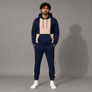 Ensemble de survêtement unisexe épais imprimé bleu foncé et beige, avec sweat à capuche color block et pantalon de jogging à rayures latérales pour - Product Image 1