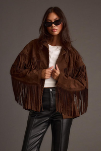 Chaqueta de cuero genuino marrón para mujer, con flecos, corte holgado, hombros caídos, manga larga, estilo otoñal, color sólido, moda occidental - Product Image 2