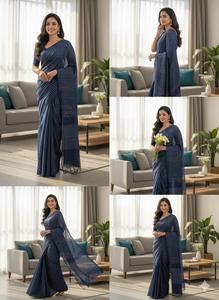 Sari en soie bleu marine pour femme, tissu Katan, à rayures, tenue ethnique traditionnelle drapée avec ensemble de chemisier assorti - Product Image 2