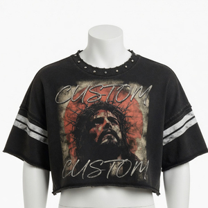 Custom Cropped Graphic T Shirt Women's Vintage Washed Distressed Studded Tee Oversized Streetwear OEM Wholesale - Product Image 6