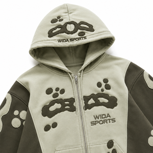Custom Cream Olive Two-Tone Applique Embroidered Cropped Full <b>Zip</b> Streetwear Fleece Hoodie - Product Image 5