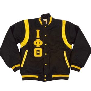 Iota Phi Theta Wool Letterman Jacket with Leather sleeves Brown Gold Greek Apparel Fraternity iota phi theta wool letterman jack - Product Image 1