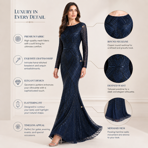 Robe de soirée sirène bleu marine de luxe, à sequins |   Robe de soirée formelle à manches longues |   Vêtements élégants pour femmes, conçus par des designers, OEM Inde 2026. - Product Image 4