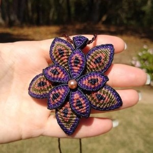 Handmade Large Macrame Flower Pendant Necklace Purple Multicolor Boho Ethnic Jewelry Wholesale - Product Image 1