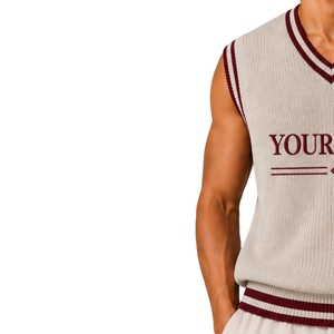 Gilet pull sans manches en tricot pour homme, col en V, avec rayures contrastées bordeaux, en laine et acrylique, personnalisable avec logo, vente en gros OEM - Product Image 3