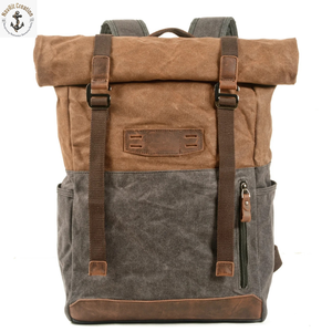 Navrit Creation NA-010 Everyday Roll Top Oil Waxed Canvas Backpack Padded Adjustable Straps | Two Tone <b>Travel</b> Rucksack <b>Big</b> - Product Image 1