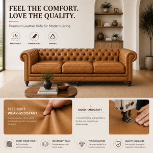 Sofá de 3 Plazas de Cuero Color Bronceado de Lujo con Respaldo Acolchado y Brazos Enrollados, Sofá Clásico Moderno para Sala de Estar - Product Image 3