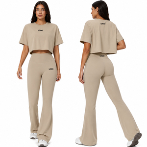 Womens 2 Piece Yoga Set Crop Top & High Waist <b>Flare</b> <b>Leggings</b> Fitness Gym Workout Activewear Lounge Wear Set - Product Image 3