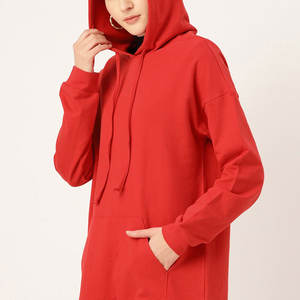 Sudadera con capucha larga de forro polar roja para mujer, diseño de túnica maxi para invierno, venta al por mayor - Product Image 4