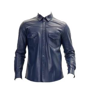 Chemise décontractée pour homme en cuir bleu foncé à manches courtes, deux poches poitrine, col rabattu, style moto, respirante, boutons recouverts, hiver - Product Image 3