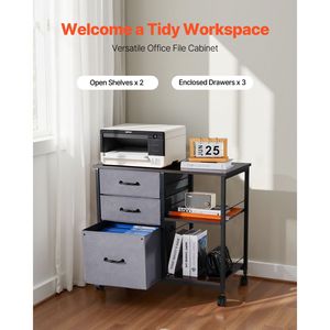 Armadietto Portadocumenti Mobile in Metallo con 3 Cassetti in Tessuto e 2 Ripiani Aperti, Armadietti Verticali in Legno per Archiviazione - Product Image 3